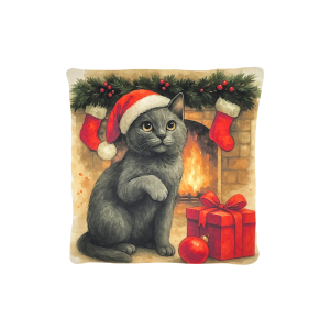 Cuscino Arredo Natalizio Velluto cm 45x45 Gatto Camino e Regalo Natale