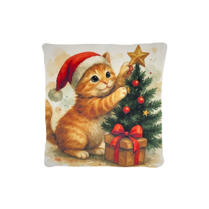 Cuscino Arredo Natalizio Velluto cm 45x45 Gatto e Albero di Natale