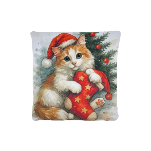 Cuscino Arredo Natalizio Velluto cm 45x45 Gatto e Calza Natale