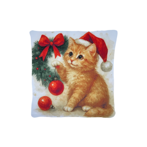 Cuscino Arredo Natalizio Velluto cm 45x45 Gatto e Ghirlanda Natale