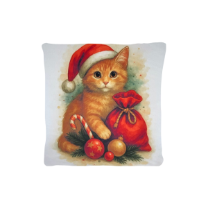 Cuscino Arredo Natalizio Velluto cm 45x45 Gatto e Sacchetto Natale