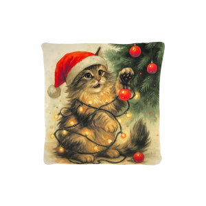 Cuscino Arredo Natalizio Velluto cm 45x45 Gatto Luci e Albero Natale