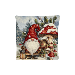 Cuscino Arredo Natalizio tessuto gobelin  cm 45x45 Gnomo e Funghi