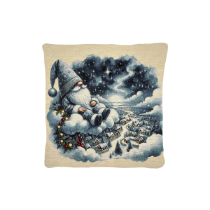 Cuscino Arredo Natalizio cm 45x45 Tessuto Gobelin Gnomo e Villaggio Innevato