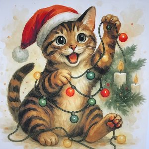 Pannello Velluto cm 47X47 Gatto con Lucine di Natale